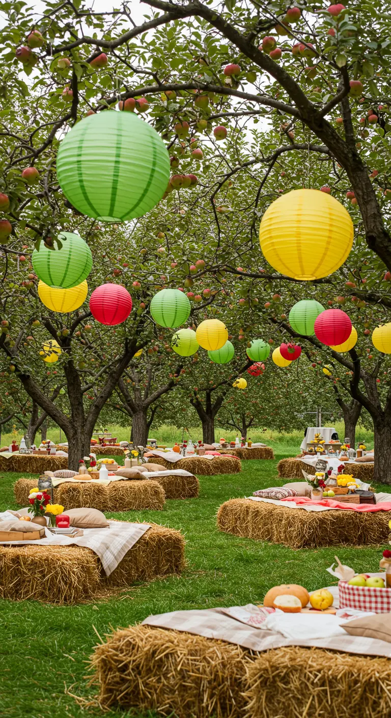 Picknick-opstelling met hooibalen en kleurrijke lampionnen in een boomgaard.