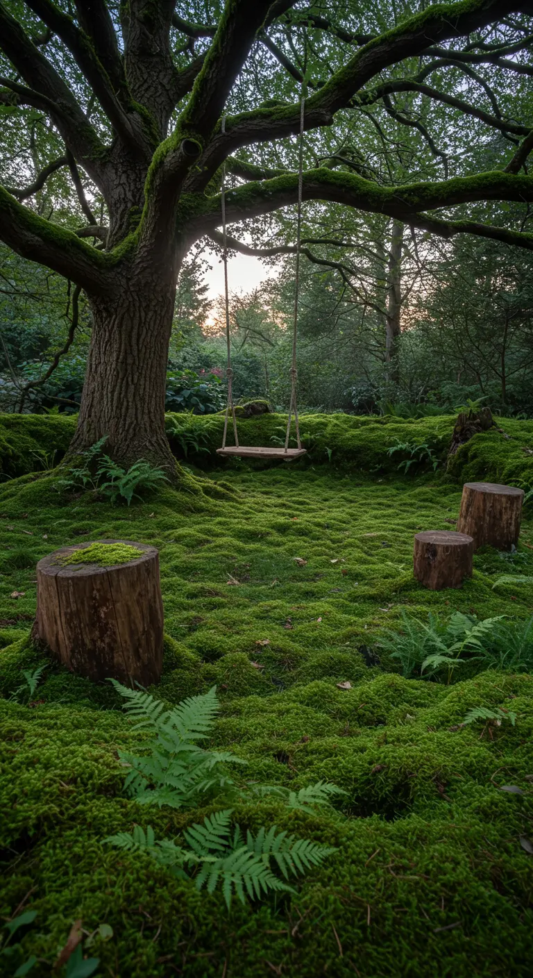 Houten schommel onder een grote boom in een mosrijke omgeving met varens.