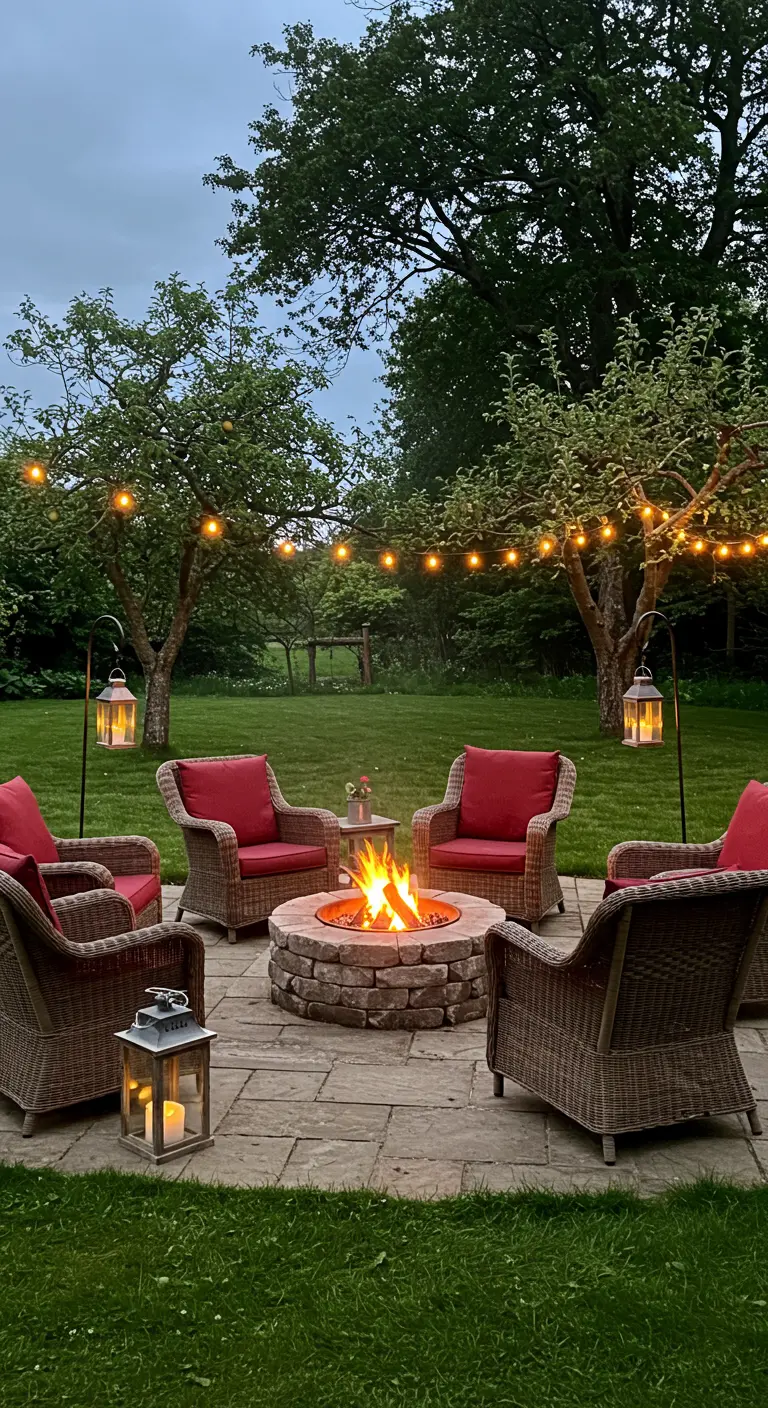 Tuin met stenen vuurplaats, rieten stoelen met rode kussens en lichtslingers.