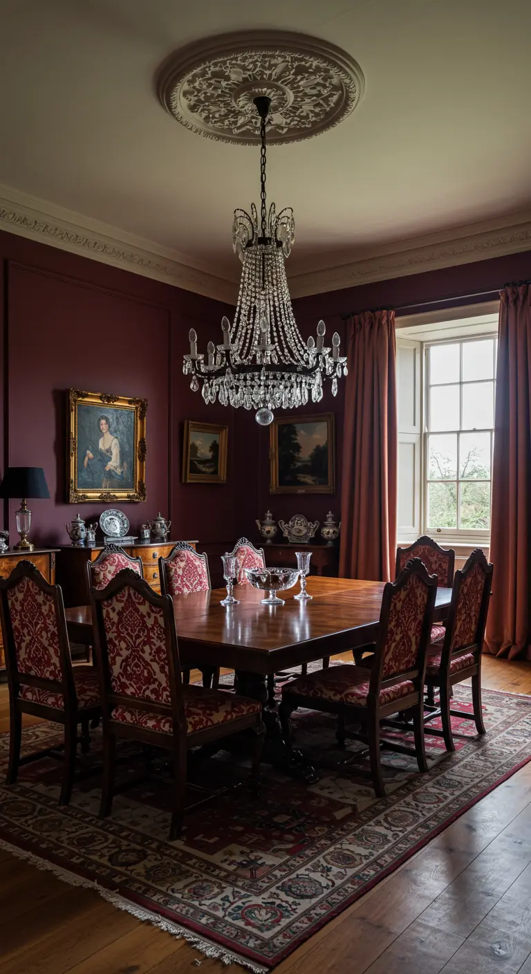 Traditionele eetkamer met bordeauxrode muren, antieke meubels en een grote kristallen kroonluchter.