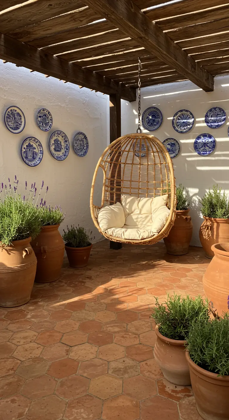 Rotan hangstoel onder pergola met blauw-witte borden en terracotta potten met lavendel.