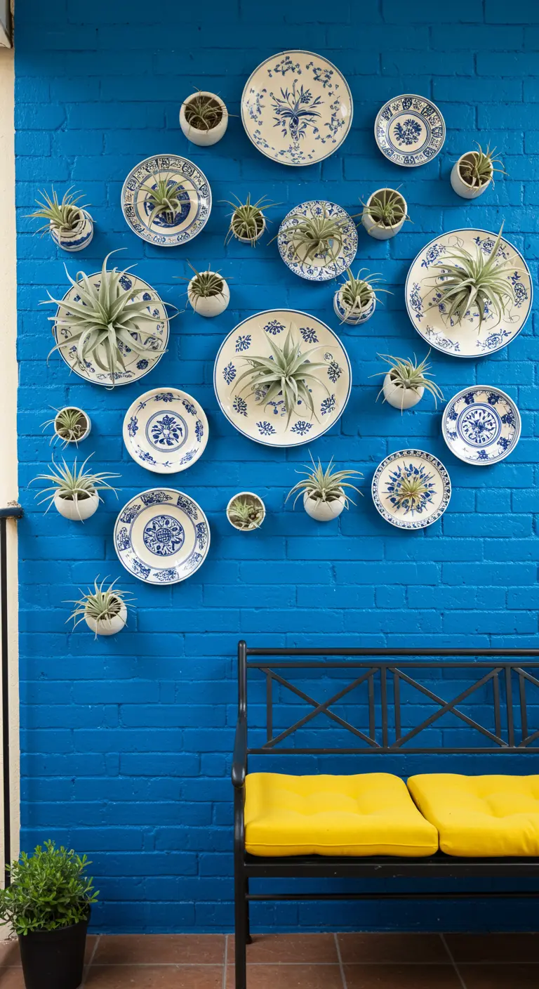 Kobaltblauwe muur met wit-blauwe bordjes waar luchtplantjes in groeien.