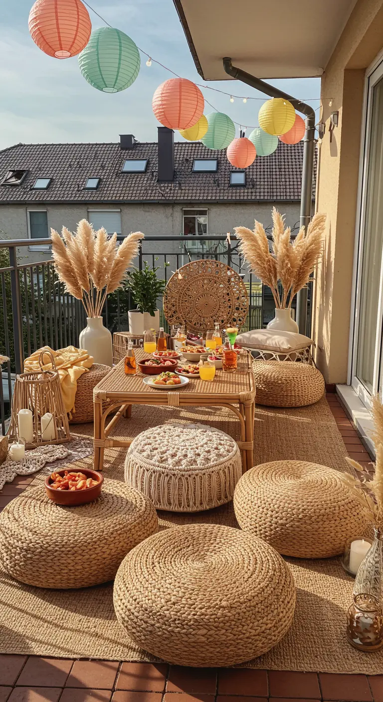 Feestelijk balkon met een lage tafel, veel poefs en gekleurde lampionnen.