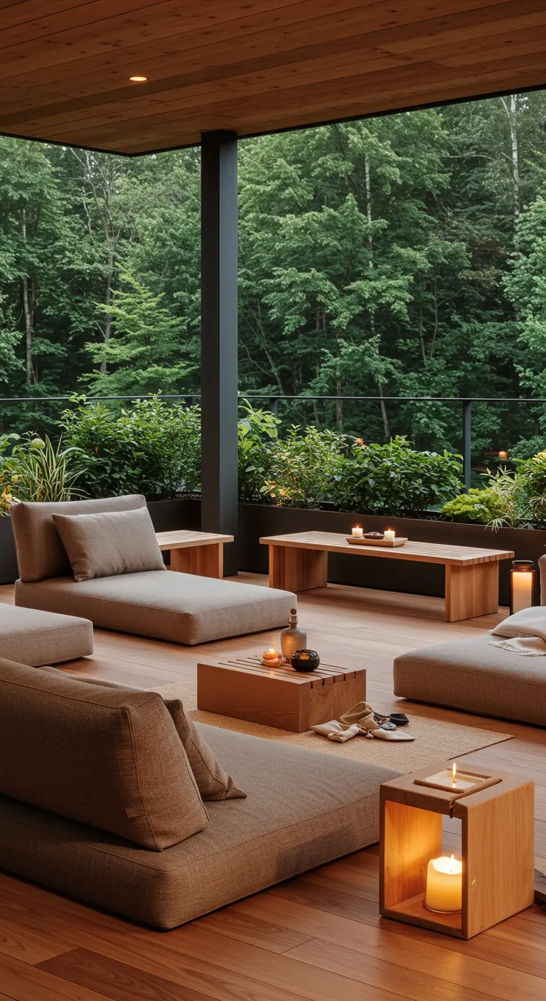 Lage modulaire loungebanken op een houten veranda met uitzicht op een bos, versierd met kaarsen.