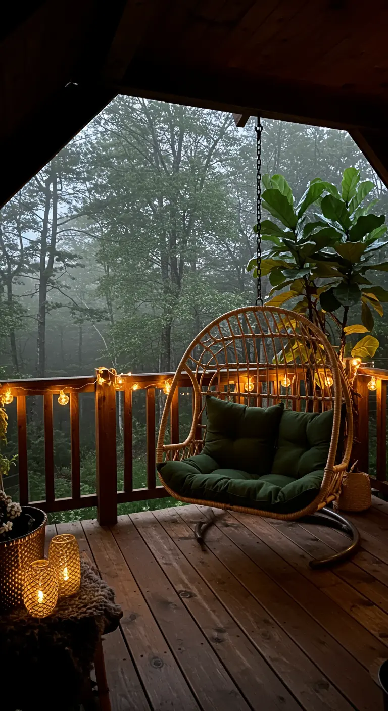 Rotan hangstoel met een groen kussen op een houten balkon, omringd door bos en sfeerlichtjes.