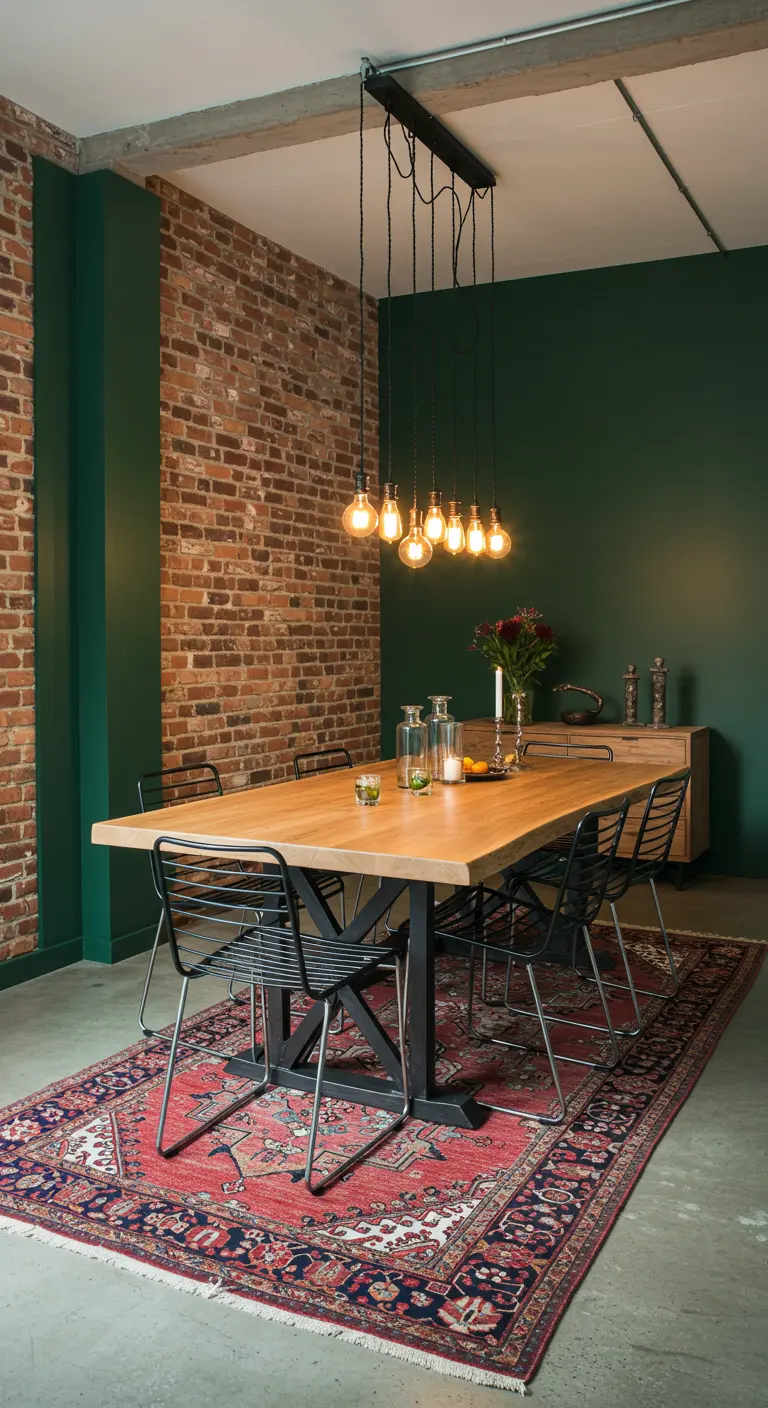 Industriële eetkamer met groene muur, bakstenen wand en hanglampen met peertjes.