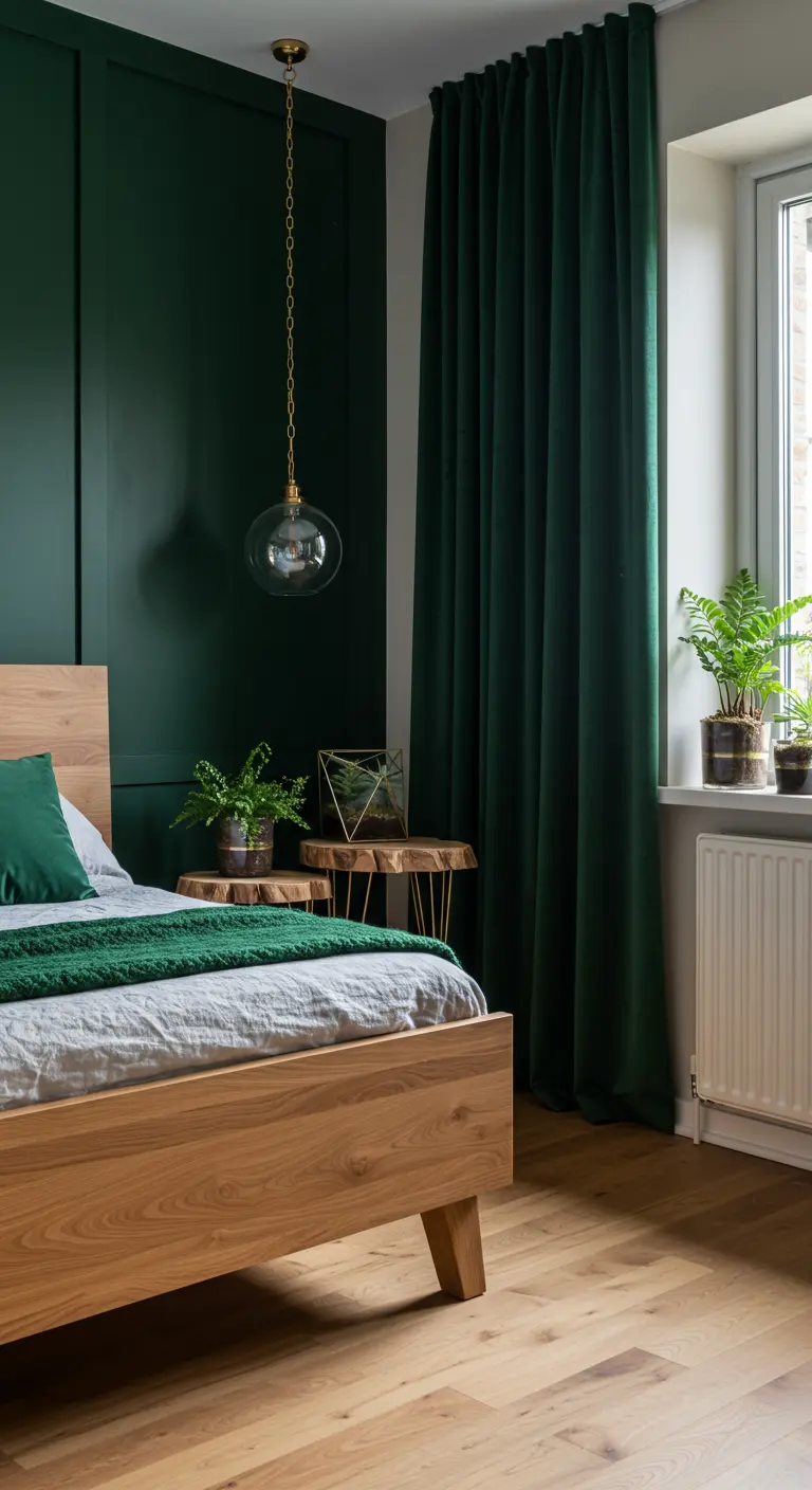 Slaapkamer met donkergroene muur, houten bed en groene fluwelen gordijnen.