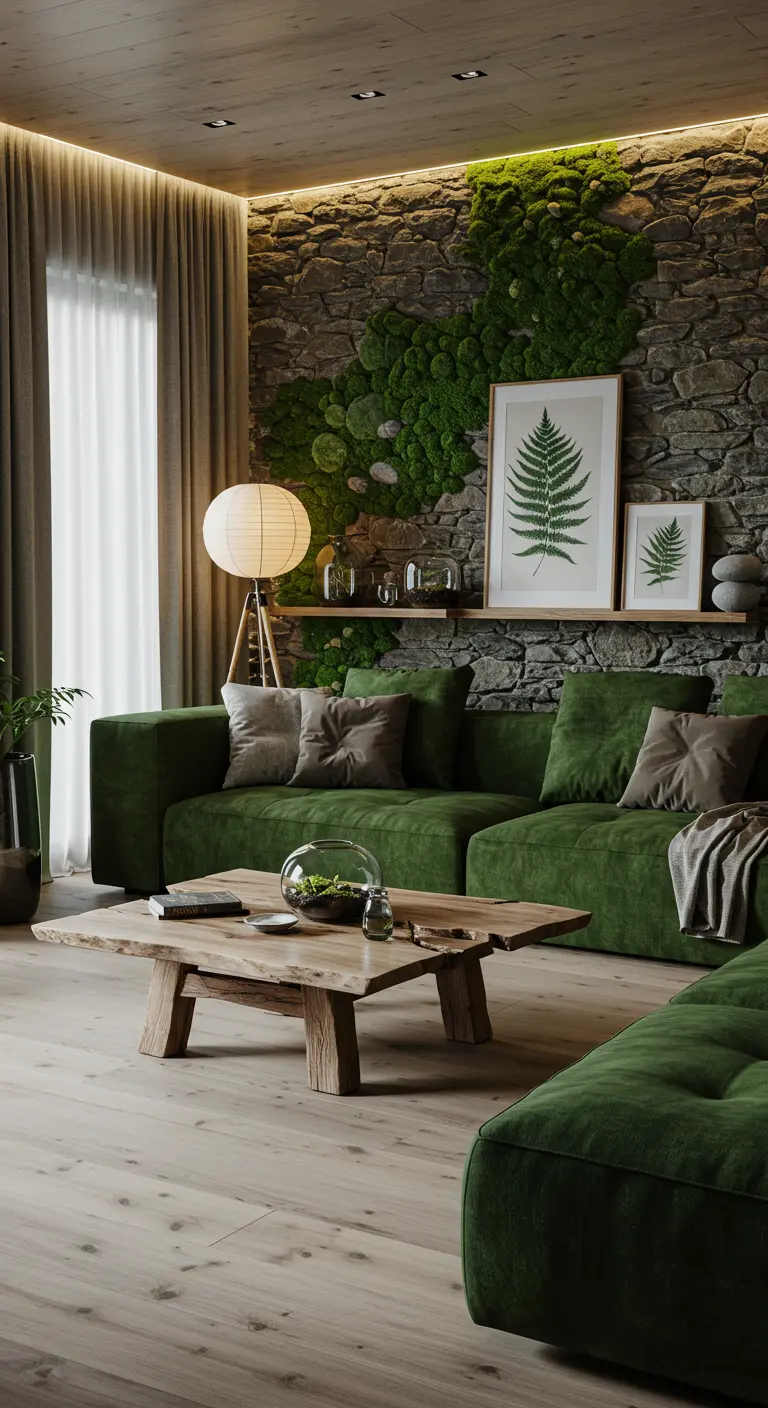 Moderne woonkamer met groene bank, stenen muur met mos, houten tafel.