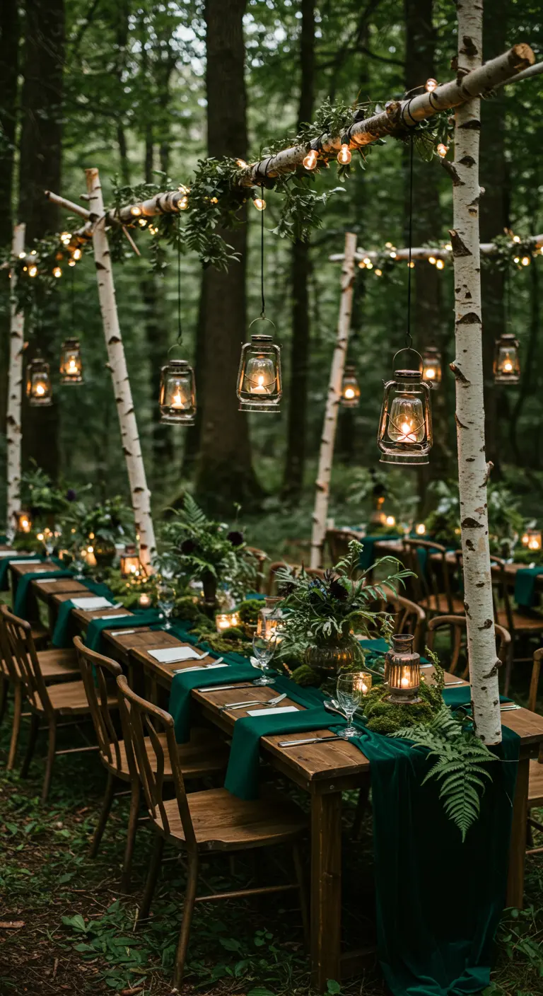 Houten tafels met donkergroene lopers, groen decor en lantaarns in een bosrijke omgeving.