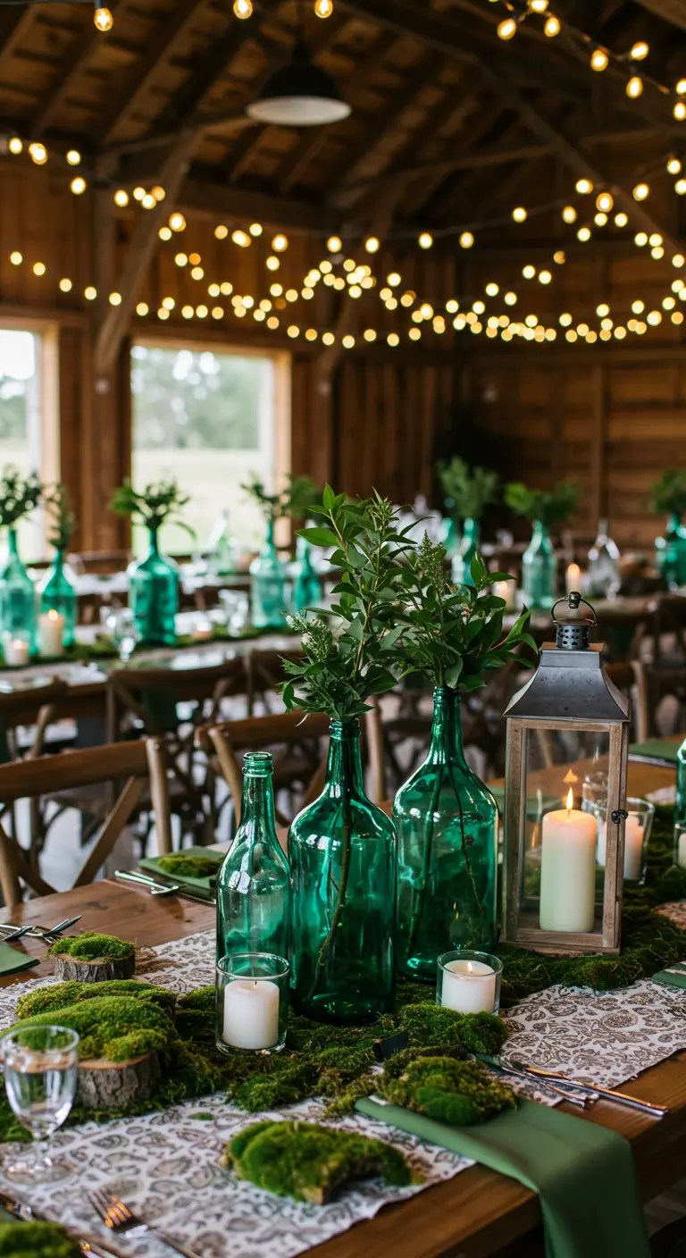 Houten tafels gedecoreerd met groene flessen, mos, lantaarns en kaarsen in een schuur.
