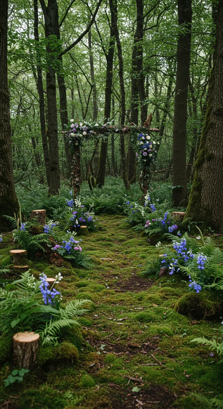 Bosbruiloft met houten boog, blauwe en paarse bloemen, varens en mos.