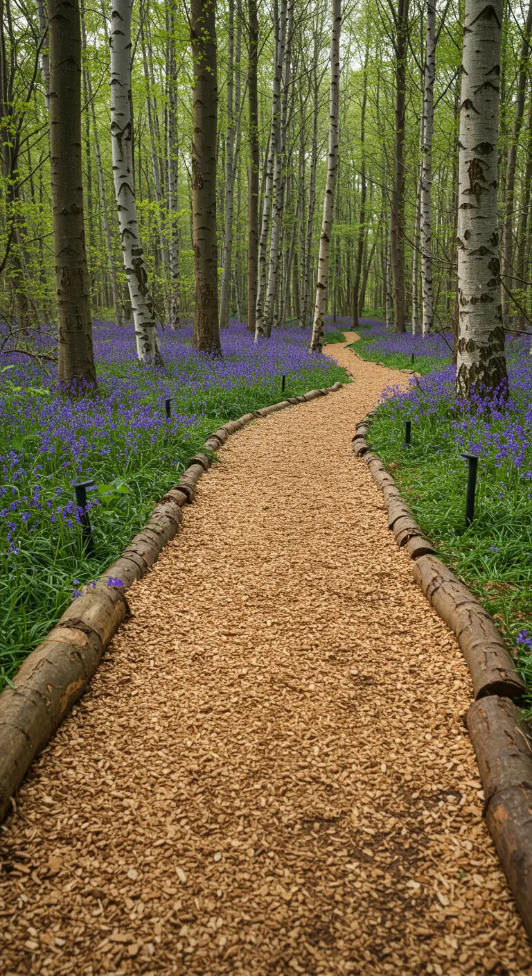 Een slingerend pad van houtsnippers in een bos, met boomstammen als natuurlijke randafwerking.