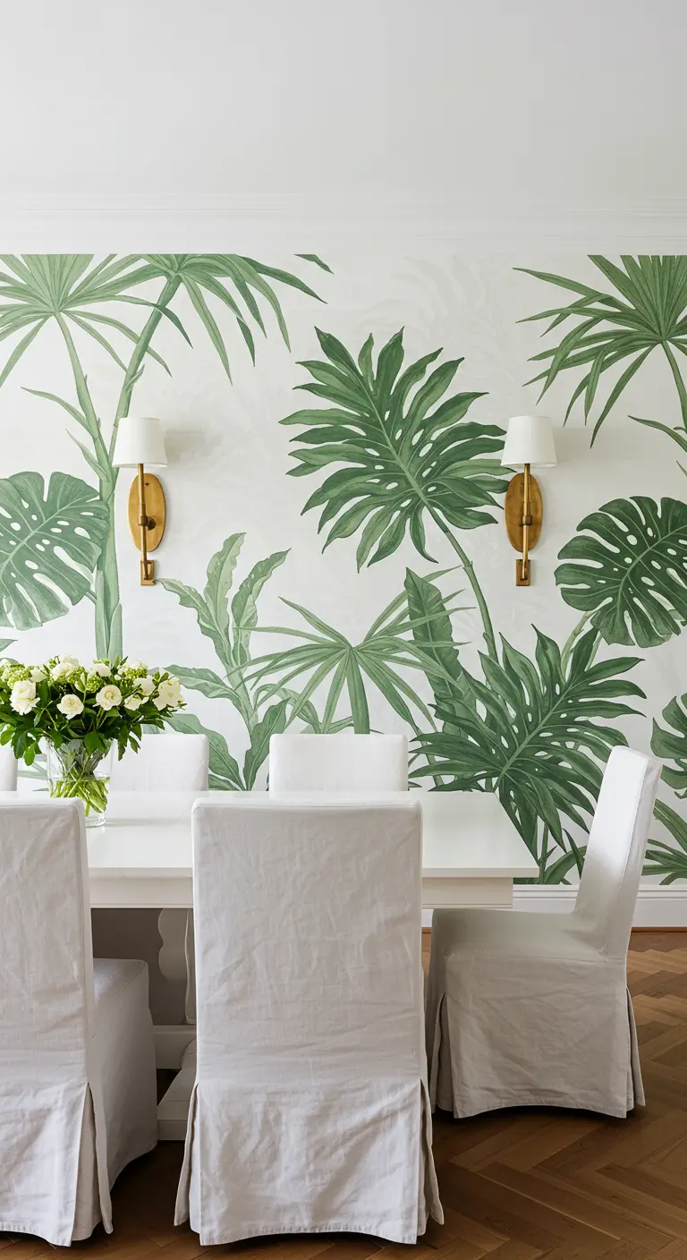 Eetkamer met een accentmuur met botanisch behang, een witte tafel en stoelen met linnen hoezen.