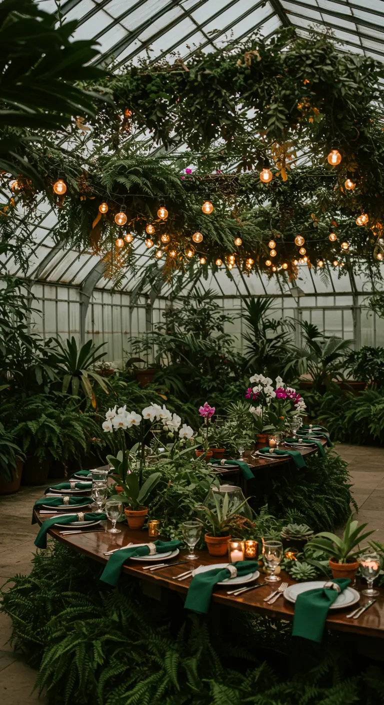 Dinertafel in een kas, omringd door planten en gedecoreerd met orchideeën en varens.