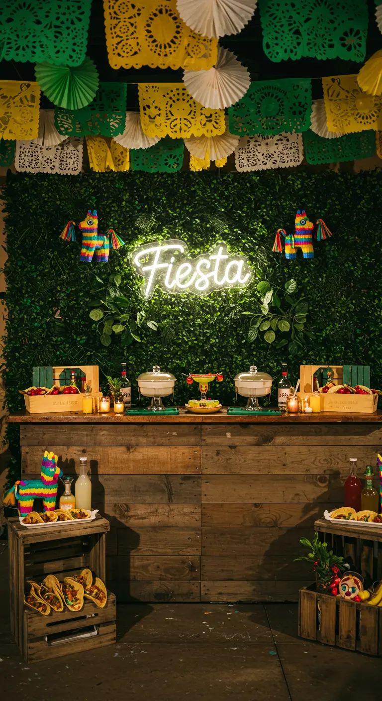 Houten bar voor een groene plantenwand met een 'Fiesta' neonbord.