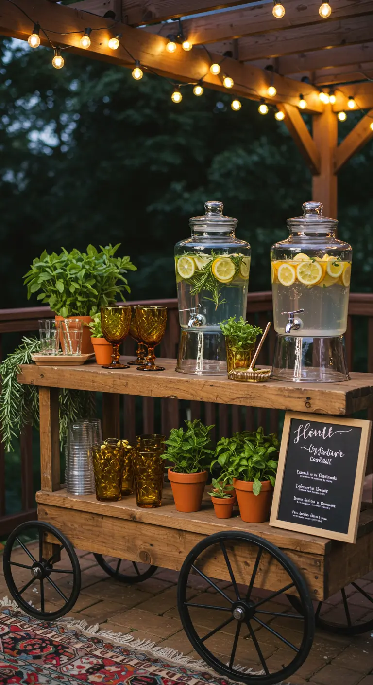 Houten drankkar met glazen waterdispensers, kruidenpotjes en amberkleurige glazen.