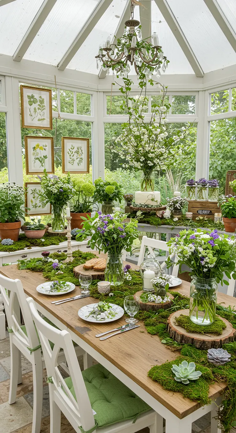 Lichte serre met een tafel gedecoreerd met mos, boomstamschijven en ingelijste botanische tekeningen.