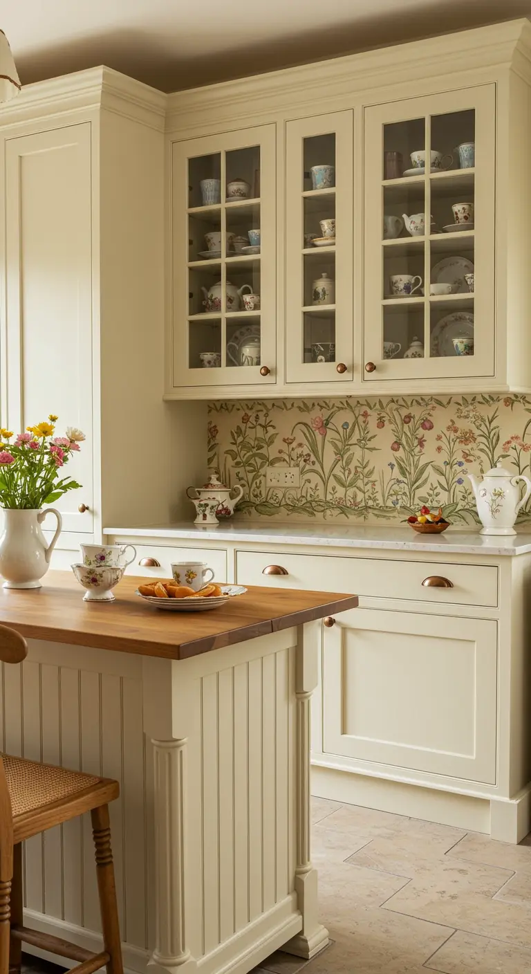 Crèmekleurige keuken met glazen kasten, houten blad, botanische achterwand en bloemen.