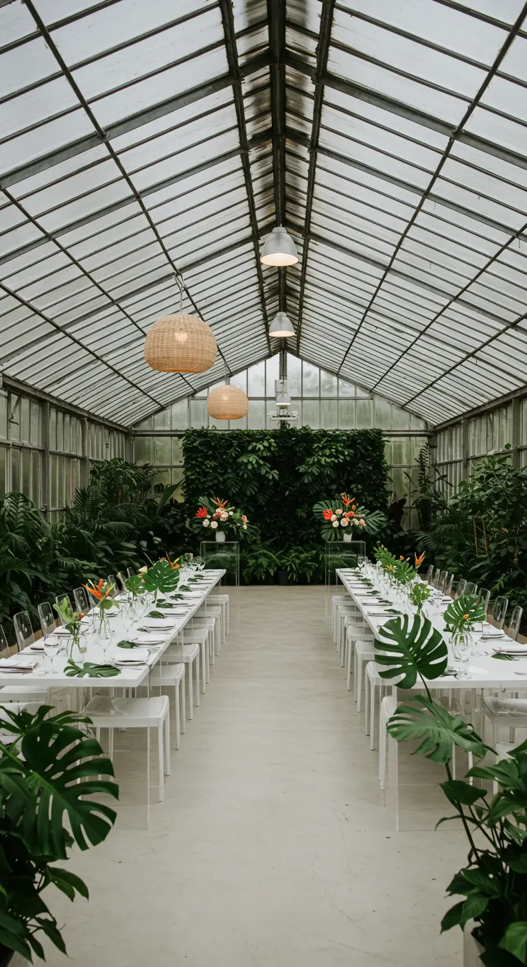 Bruiloftsdiner in een kas met witte tafels, tropische bladeren en een groene plantenwand.