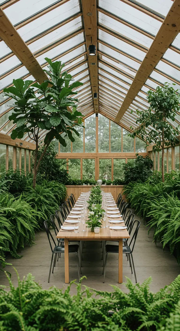 Lange dinertafel in een kas vol varens en andere grote groene planten.