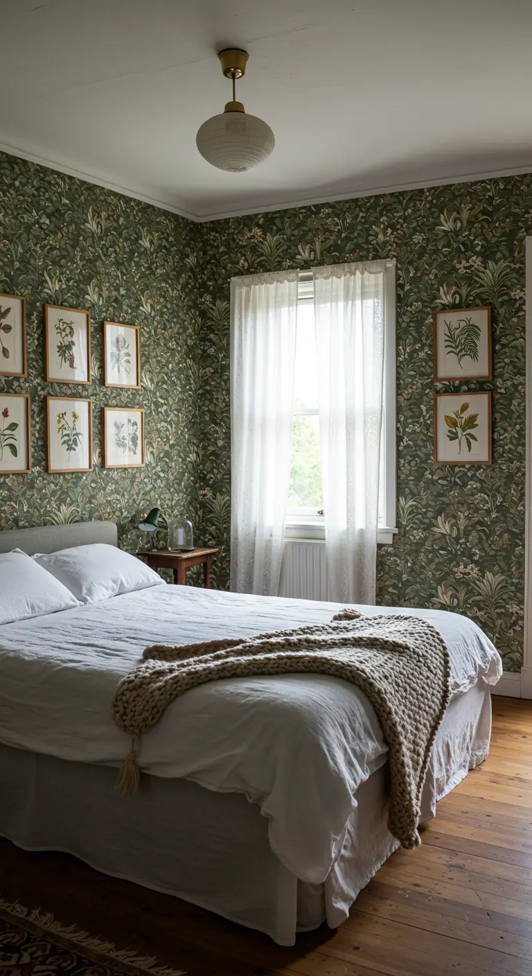 Slaapkamer met donkergroen botanisch behang en een galerij van ingelijste plantenprints.