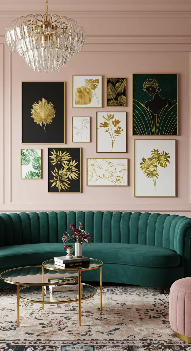 Galerijmuur met goudkleurige botanische prints tegen een roze muur, boven een groene bank.