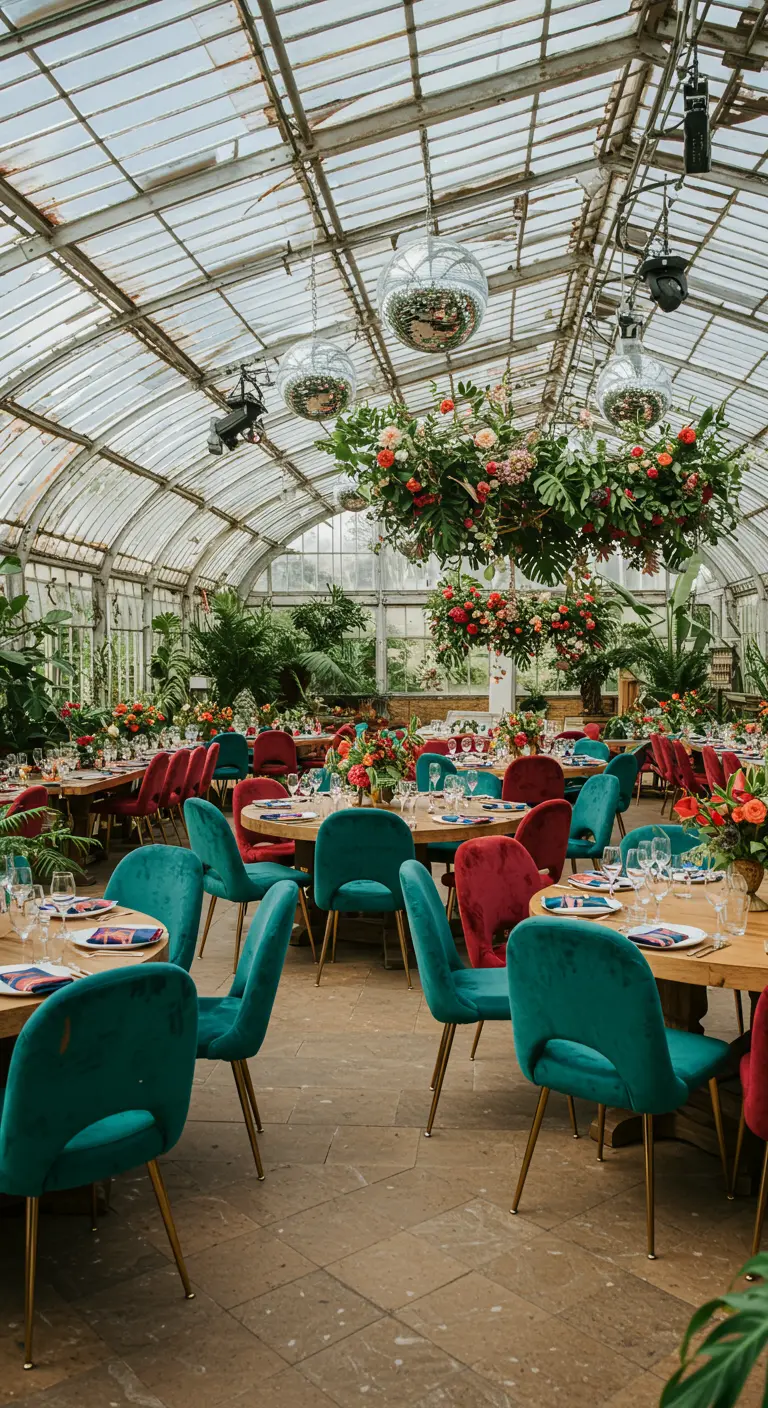Kleurrijke receptie in een kas met turquoise en rode fluwelen stoelen en discoballen.
