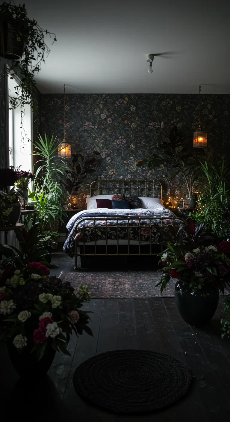 Donkere botanische slaapkamer met bloemenbehang, veel planten, en warm sfeerlicht.