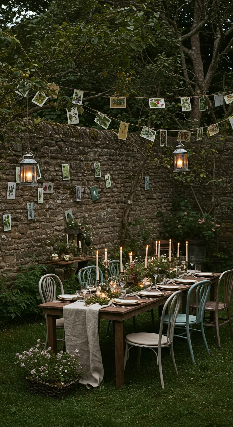 Tuinfeest met een houten tafel, waarbij botanische ansichtkaarten aan een stenen muur en in bomen hangen.