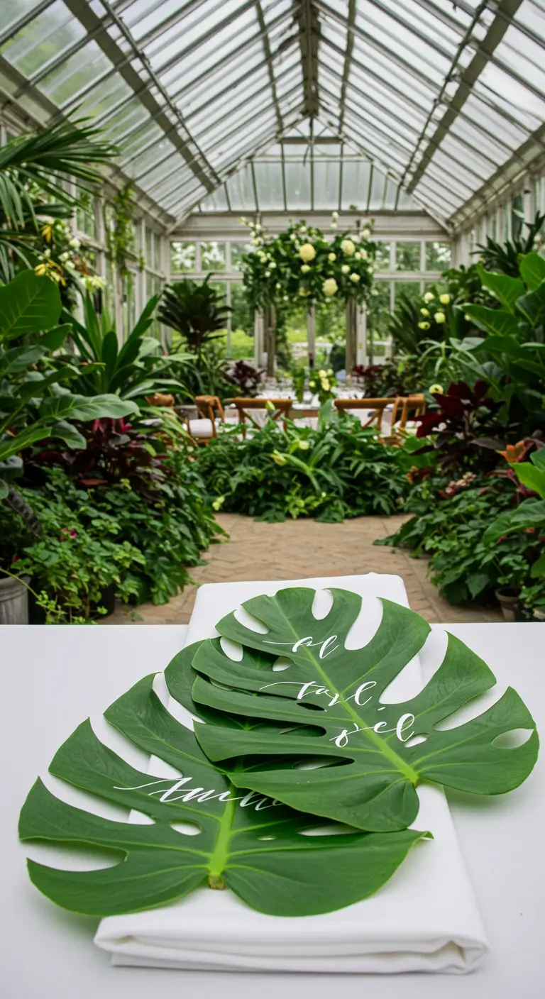 Gekalligrafeerde namen op grote Monstera-bladeren als plaatskaartjes op een witte servet.