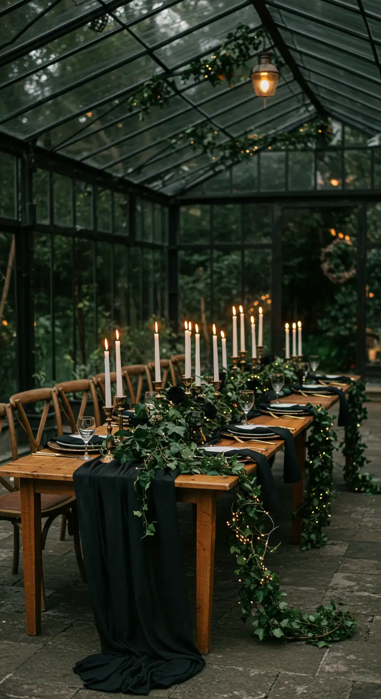 Lange houten tafel in een kas, versierd met klimop, lichtjes en zwarte details.
