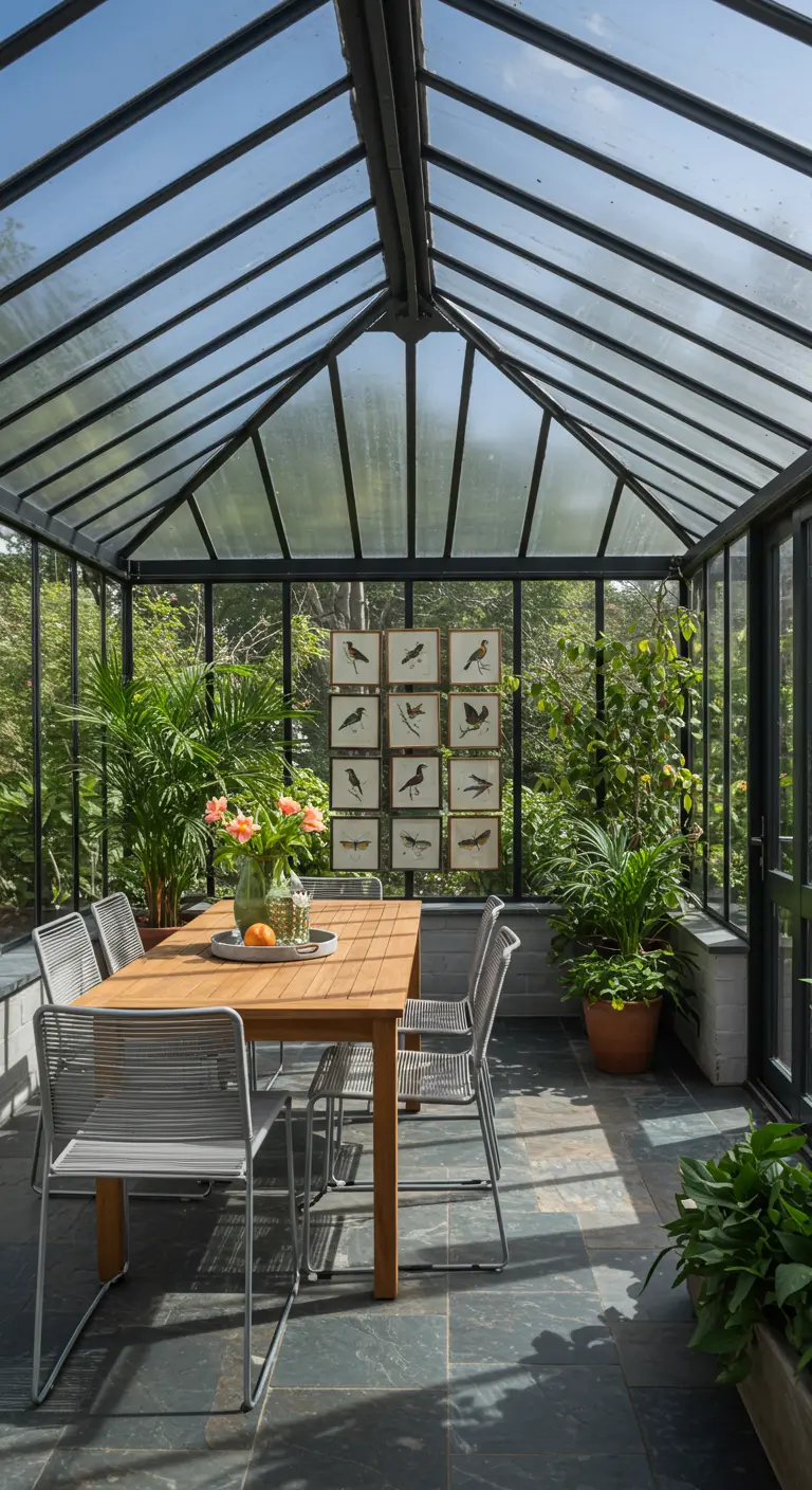 Eetkamer in een glazen serre, omringd door planten, met vogelprenten aan de muur.