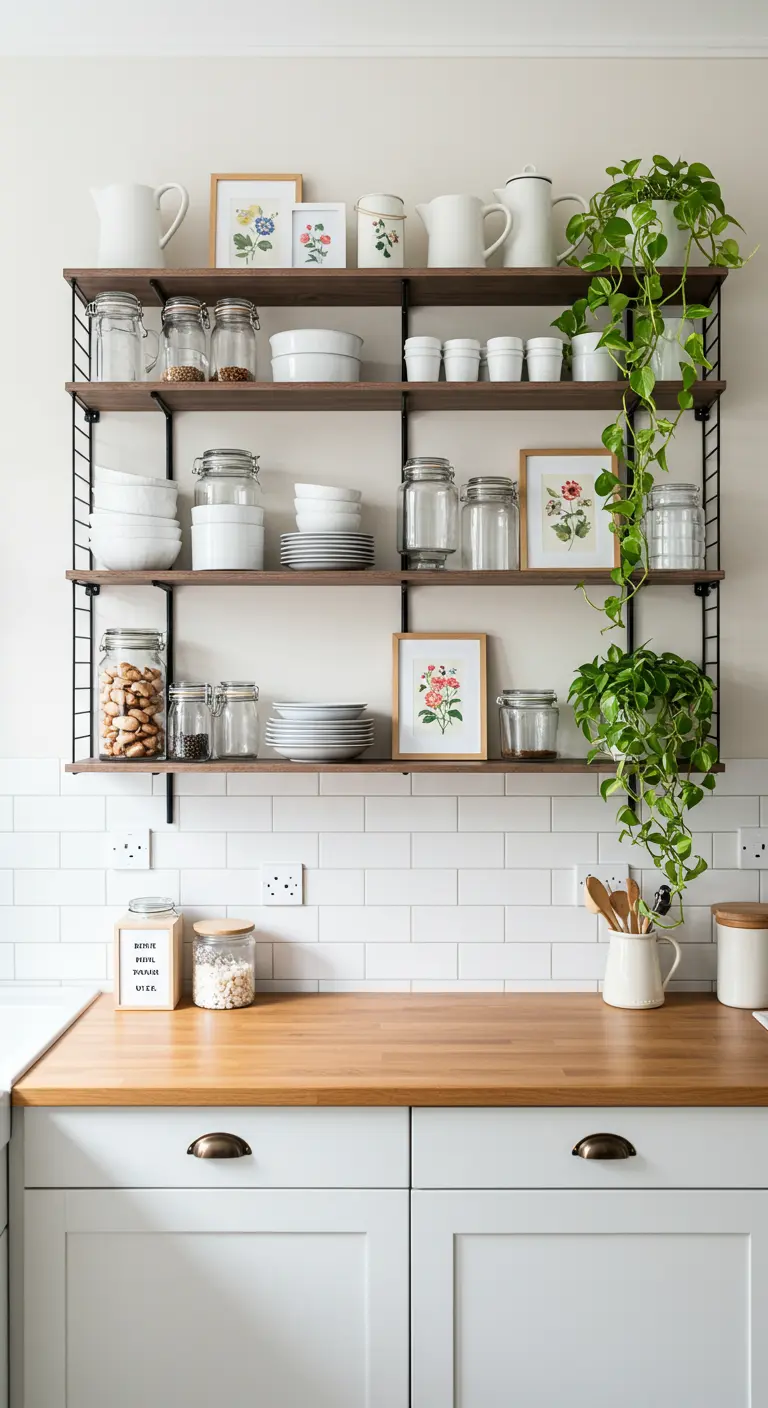 Witte keuken met een zwart metalen wandsysteem vol planten, servies en botanische prints.