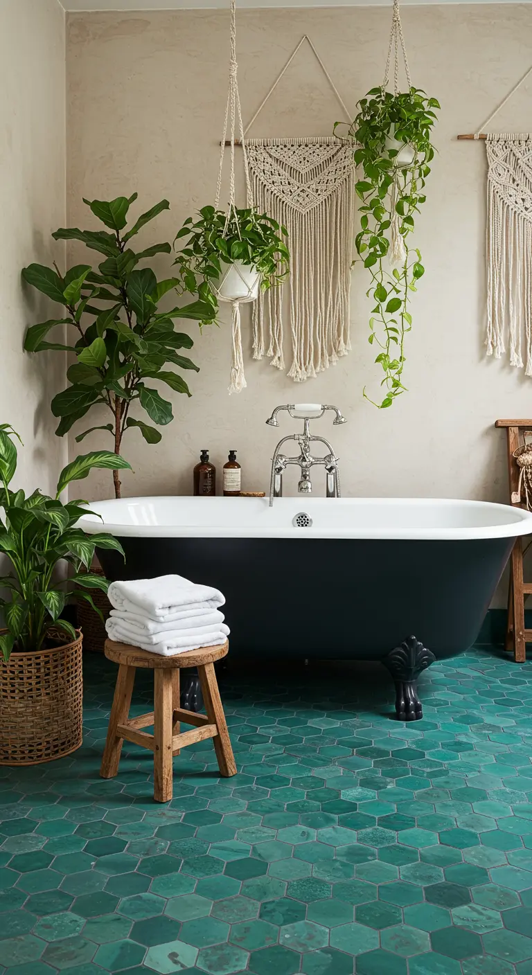 Badkamer met hexagonale turquoise zellige-vloer, zwart bad op pootjes en veel planten.