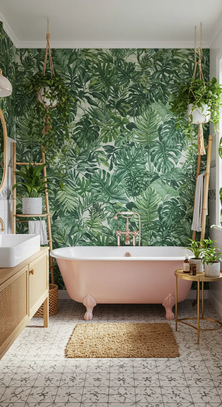 Badkamer met een vrijstaand roze bad, een muur met botanisch behang en rotan meubels.