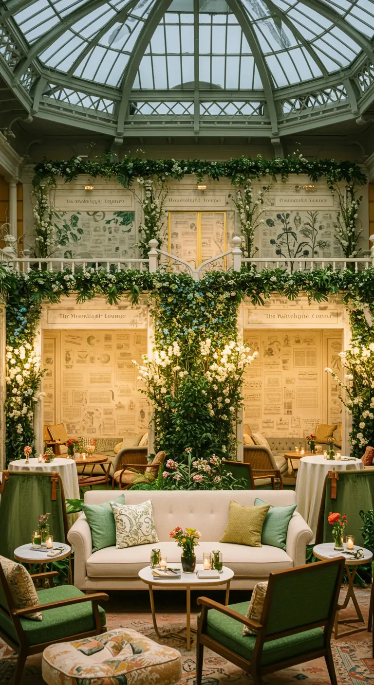 Lounge met muren van bladmuziek, overgroeid met weelderige groene planten.