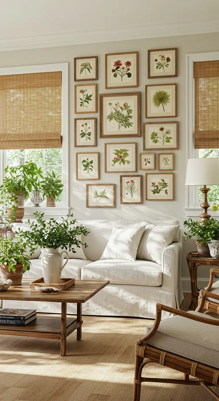 Lichte woonkamer met een galerijmuur vol vintage botanische prenten achter een witte bank.