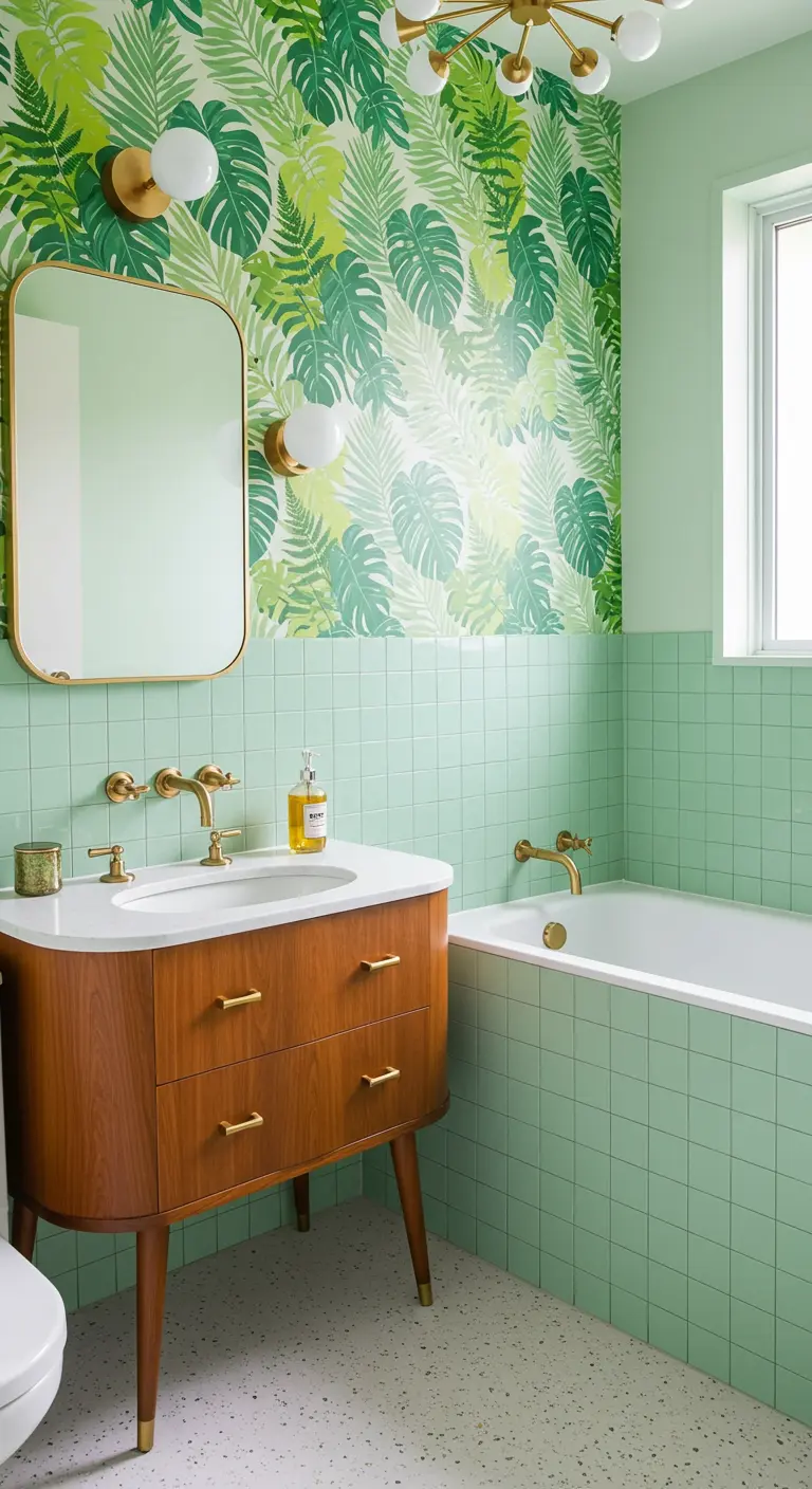 Badkamer met tropisch bladbehang, mintgroene tegels en mid-century houten meubel.