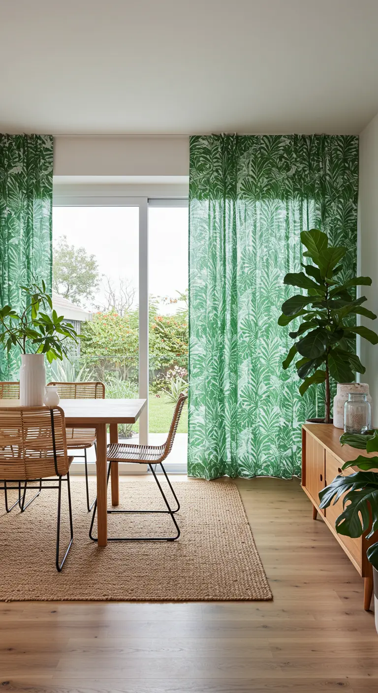 Lichte eetkamer met gordijnen met een groene bladprint, rotan stoelen en een jute tapijt.