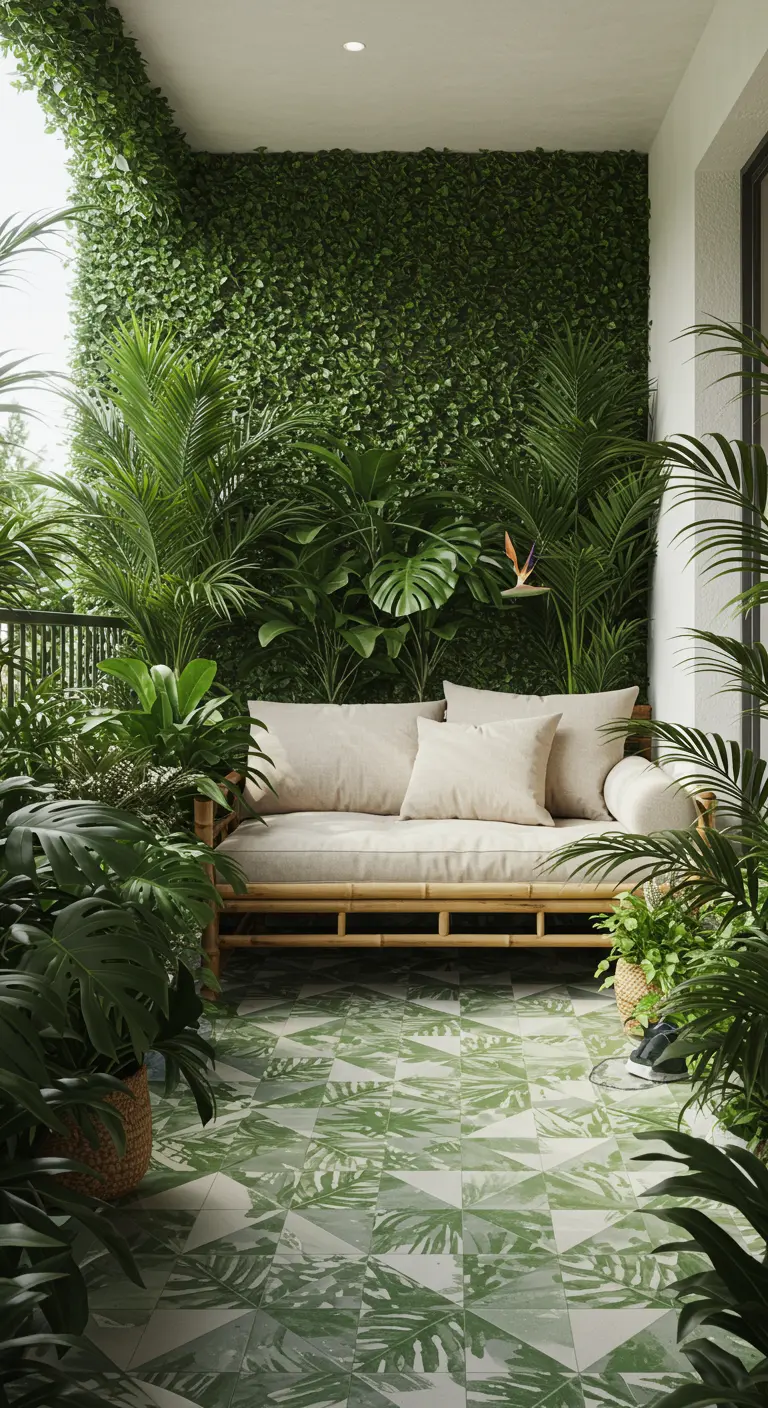 Balkon als een urban jungle met groene tegels met bladpatroon en een groene wand.