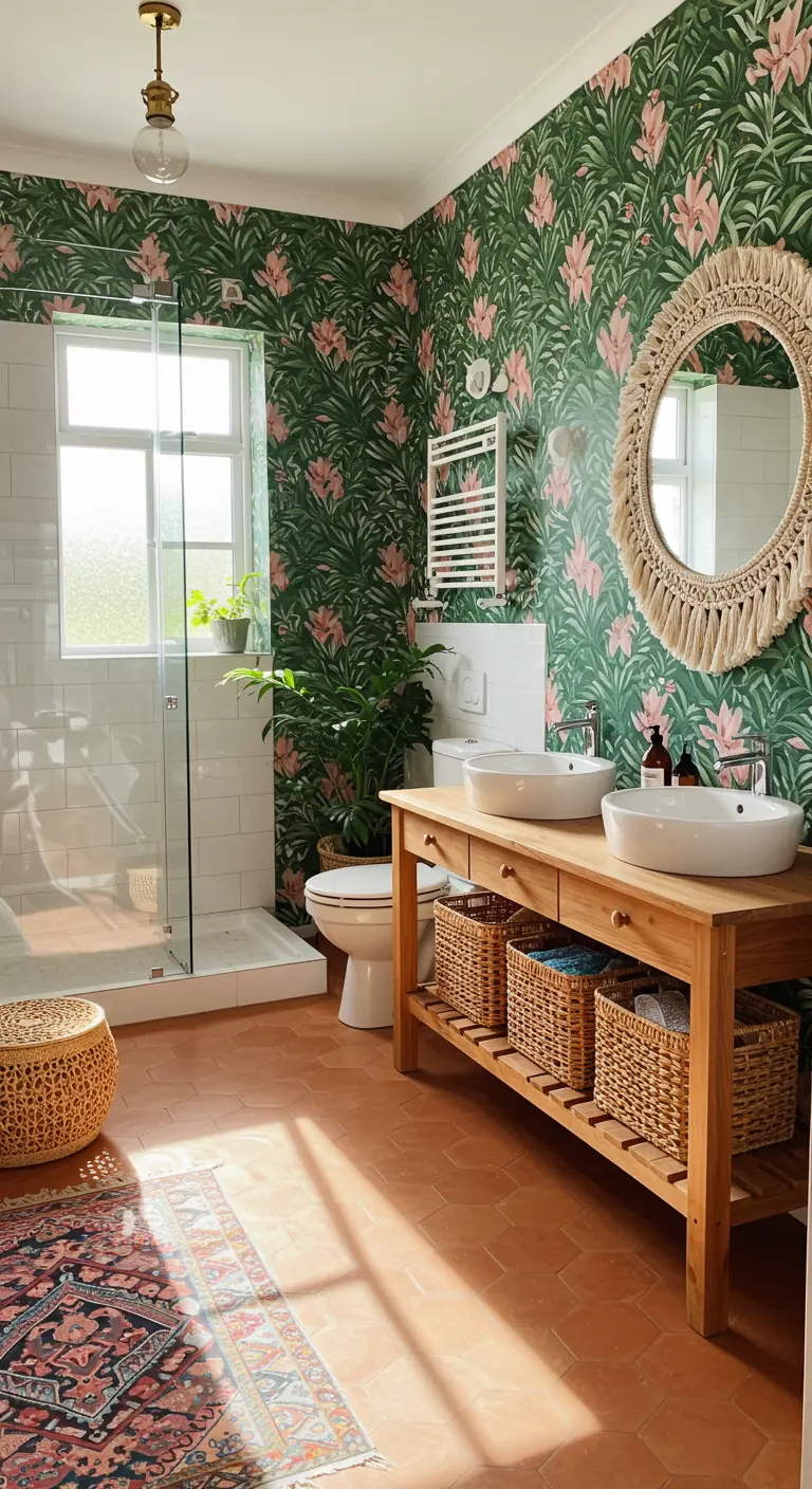 Badkamer met groen bloemenbehang, houten wastafel en macramé spiegel.