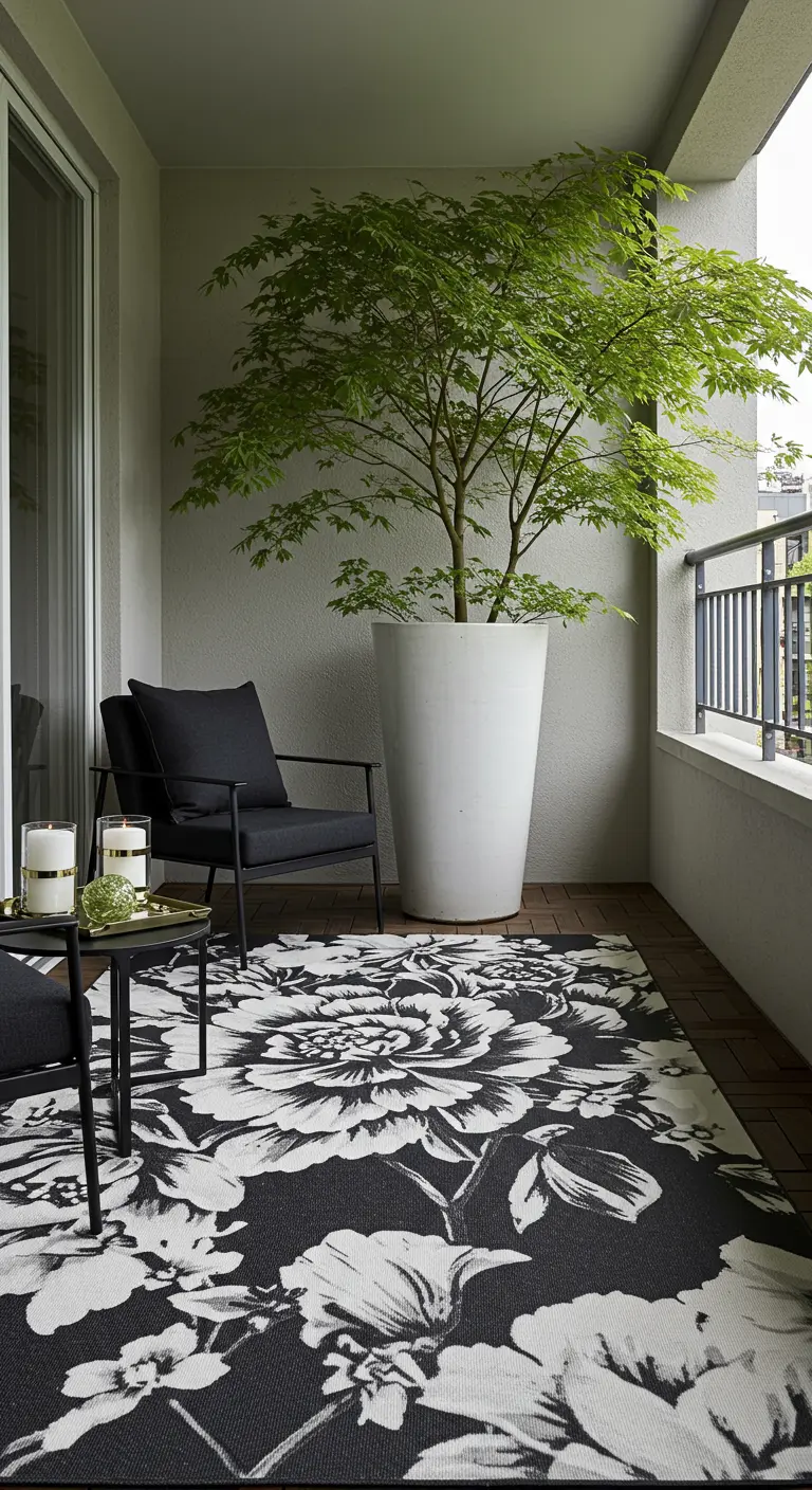 Balkon met een groot zwart-wit vloerkleed met bloemenpatroon en een Japanse esdoorn.
