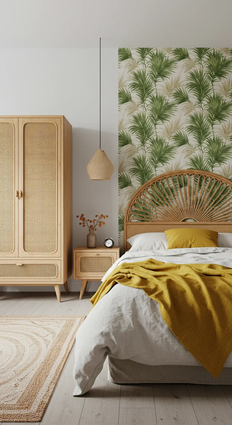 Slaapkamer met rotan kledingkast, botanisch behang en een okergeel deken.
