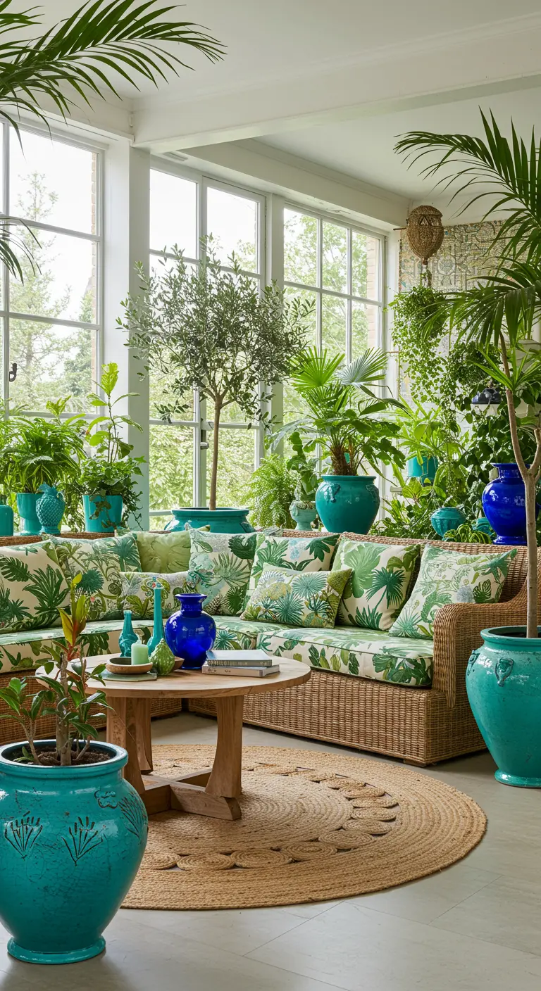 Woonkamer vol groene planten en turquoise potten, met rotan meubels en grote ramen.