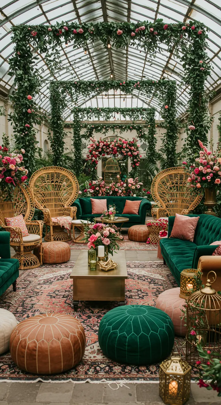 Serre lounge met groene en roze fluwelen banken, rotan stoelen en weelderige bloemen.