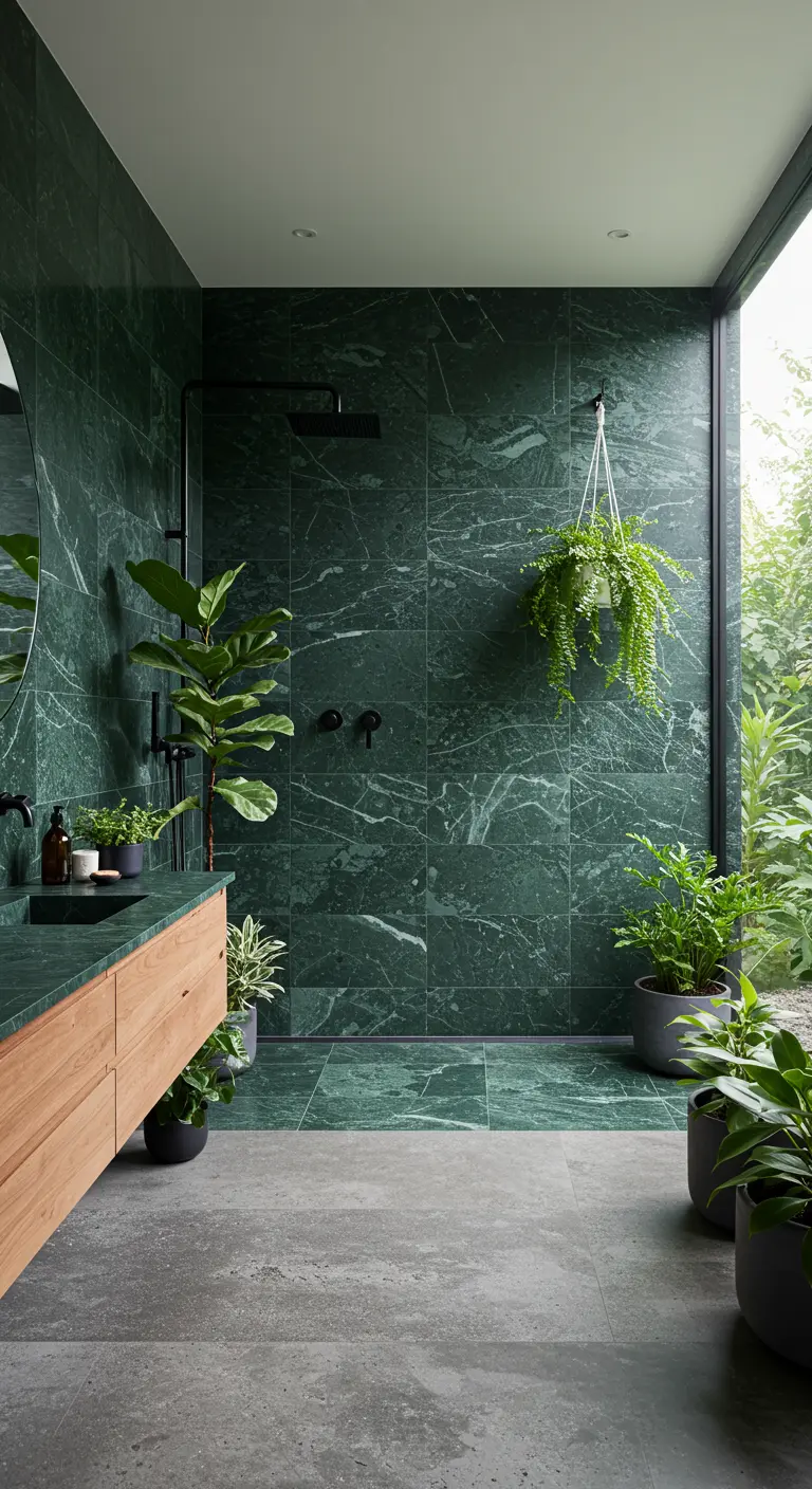 Badkamer met donkergroene marmeren tegels, houten meubel, zwarte kranen en veel planten.