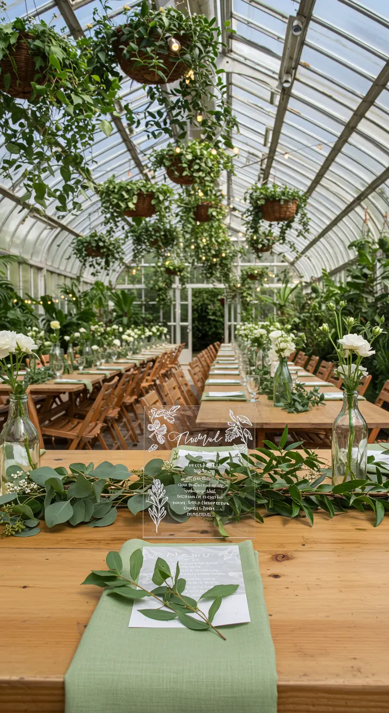 Greenhouse wedding with wooden tables, lush greenery, white roses, and clear acrylic menus.