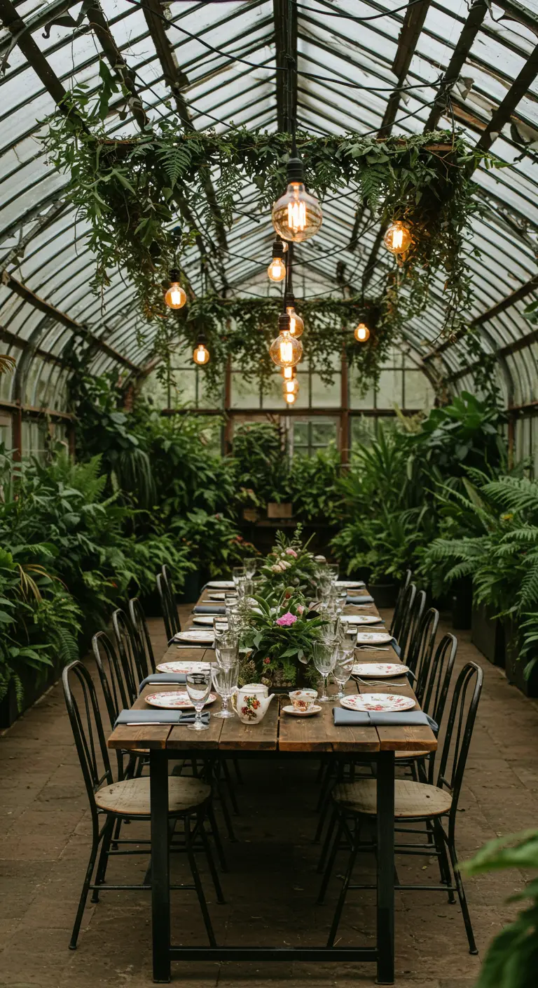 Lange dinertafel in een kas met industriële stoelen en vintage bloemetjesservies.