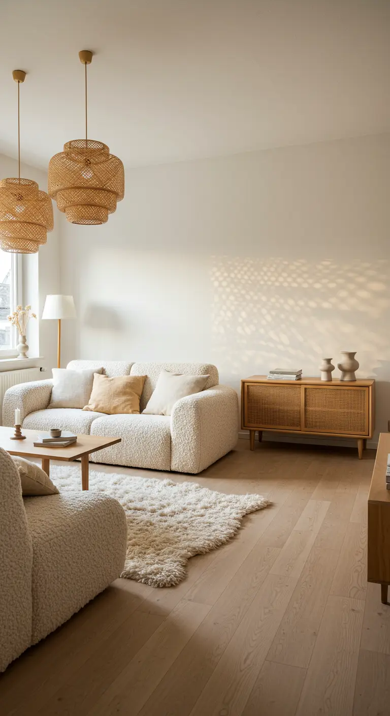 Woonkamer met bouclé bank, rieten dressoir en hanglampen