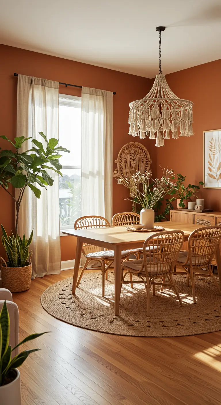 Eetkamer in boho-stijl met terracotta muur, rotan stoelen en macramé kroonluchter.